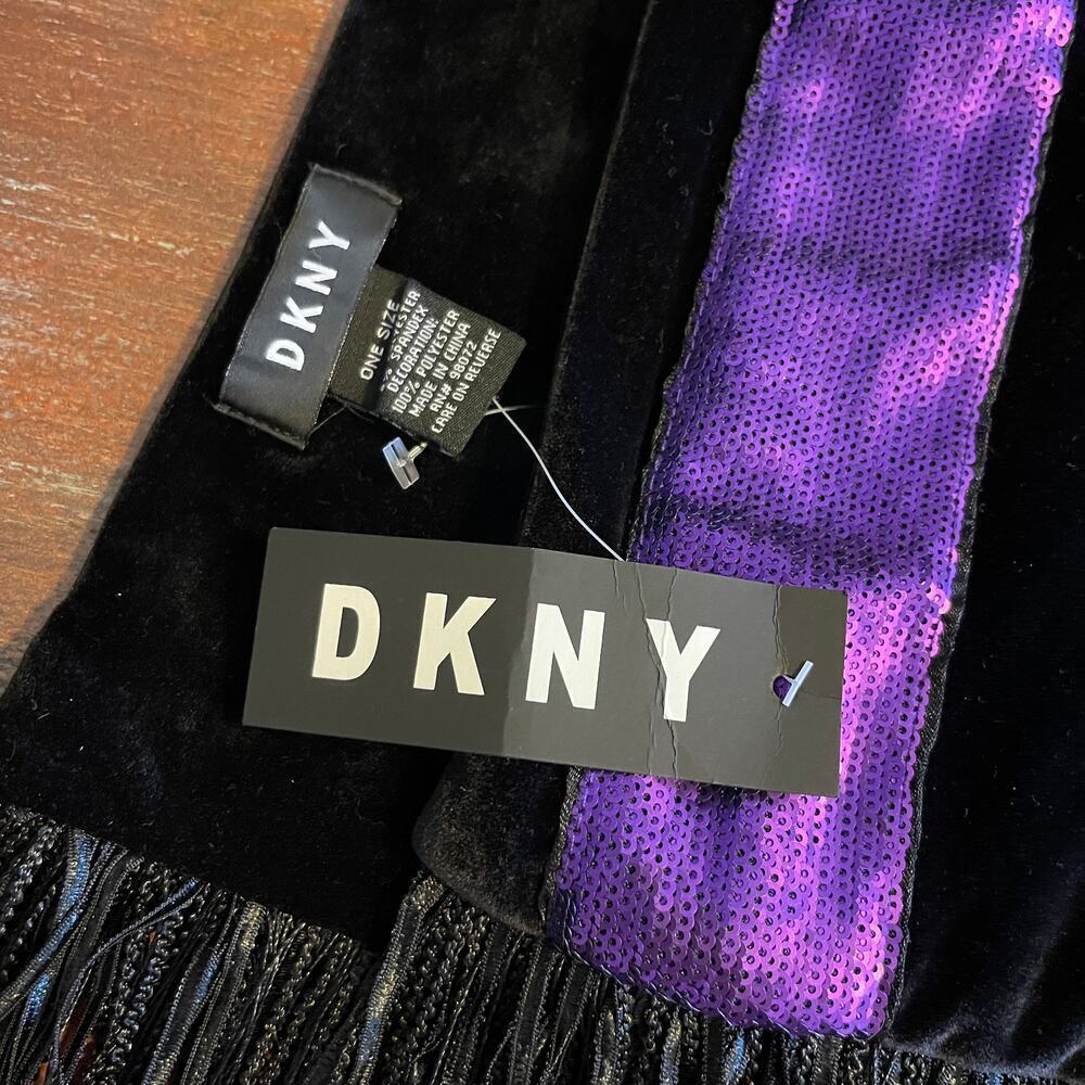 DKNY Nwt Velvet Sequined Fringe Glamour Night Out Scarf - Picture 3 of 7